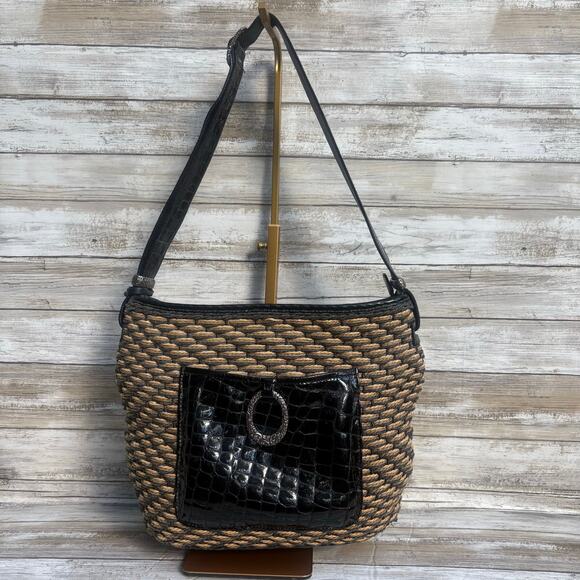 VTG Brighton Purse Janie Shoulder Bag Brown Black Patent Leather Woven Straw Y2k - Picture 1 of 16